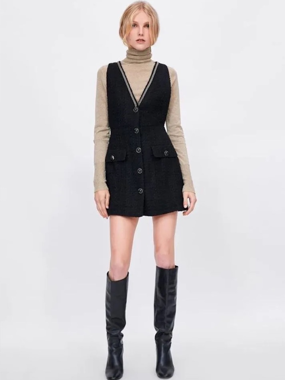 Zara Black Gold Tweed Button Front Mini Dress XS